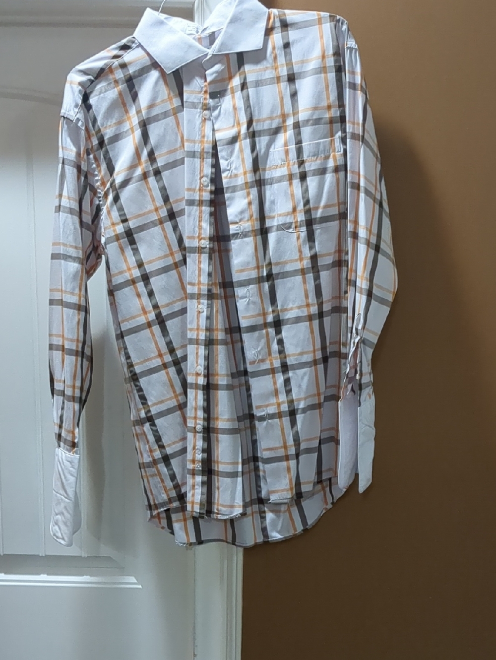 Men's White Plaid Button-Down Shirt with Brown and Gray Windowpane